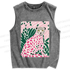 Unisex Pink Leopard Art Printed Washed Tank Top