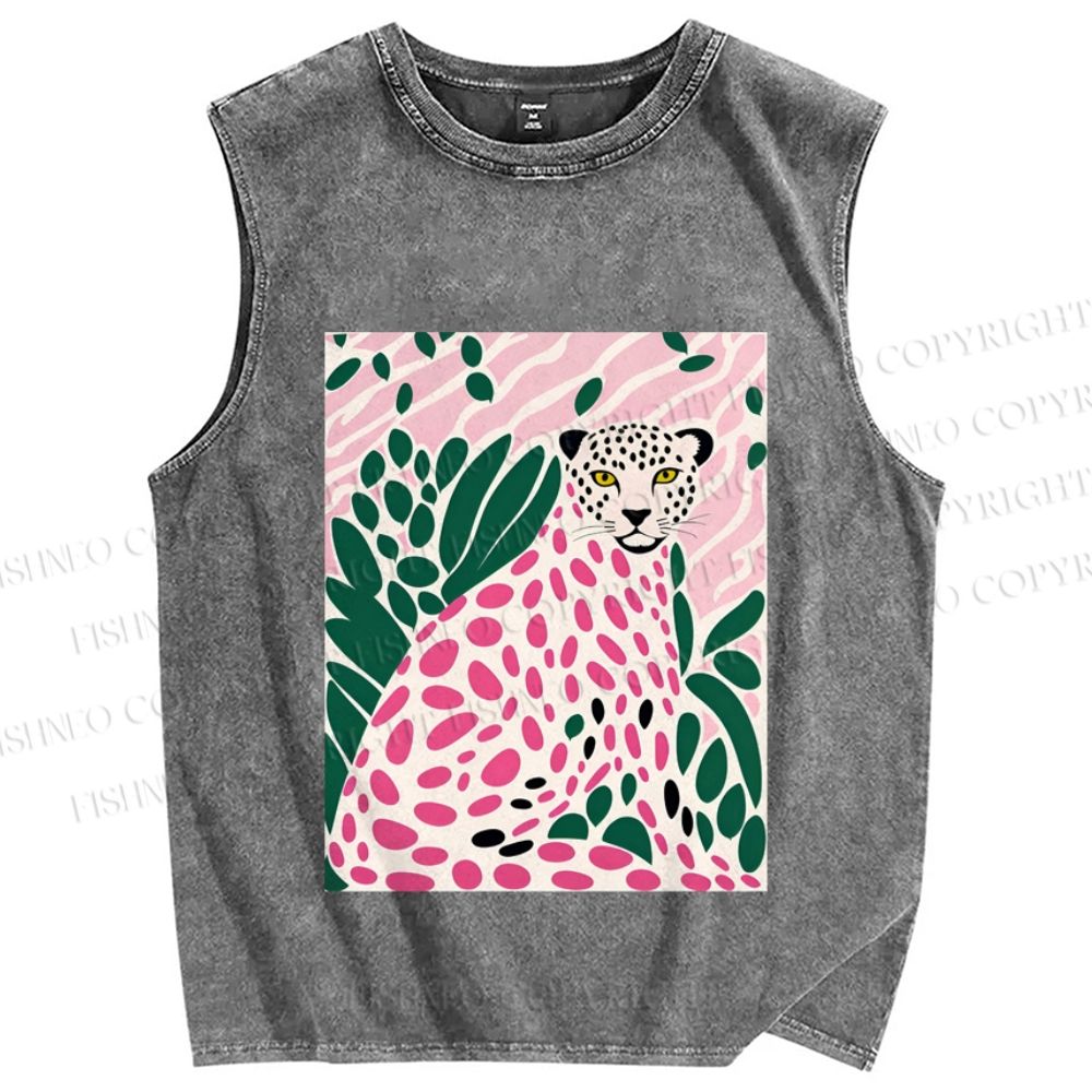 Unisex Pink Leopard Art Printed Washed Tank Top