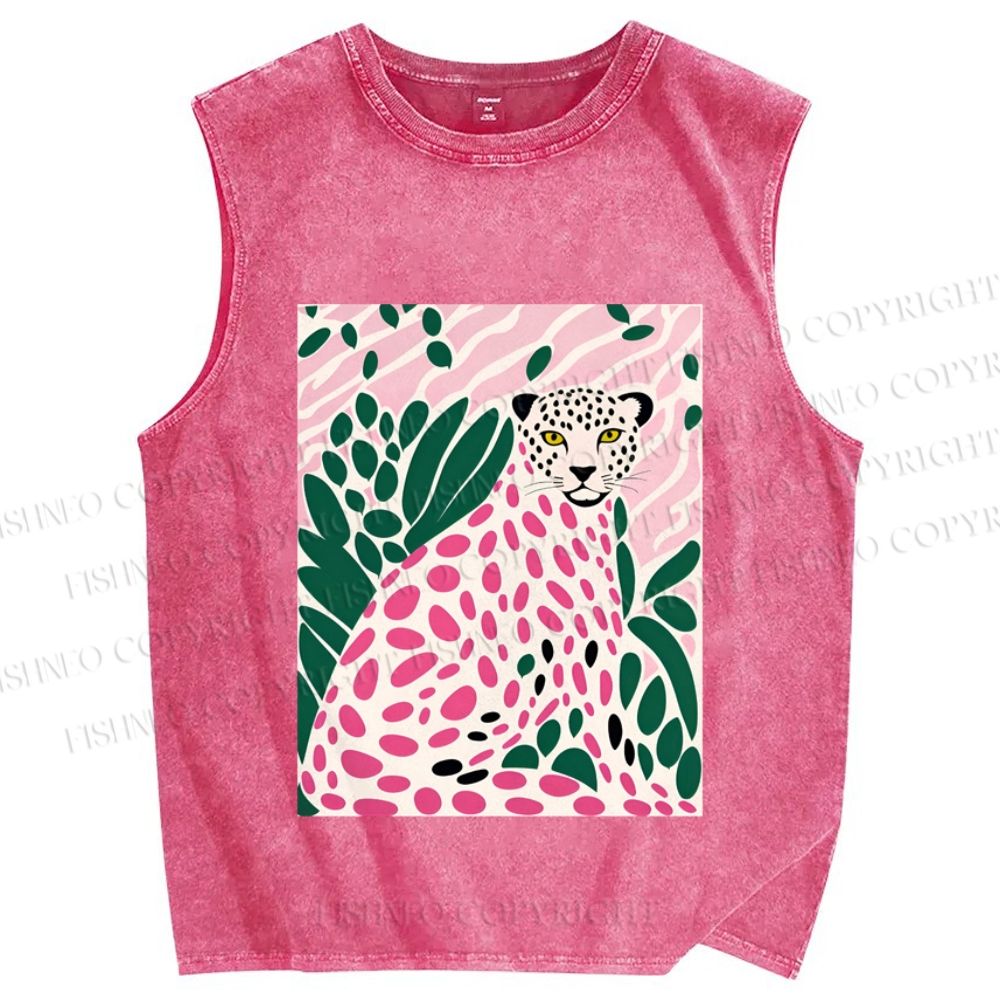 Unisex Pink Leopard Art Printed Washed Tank Top