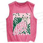 Unisex Pink Leopard Art Printed Washed Tank Top