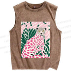 Unisex Pink Leopard Art Printed Washed Tank Top