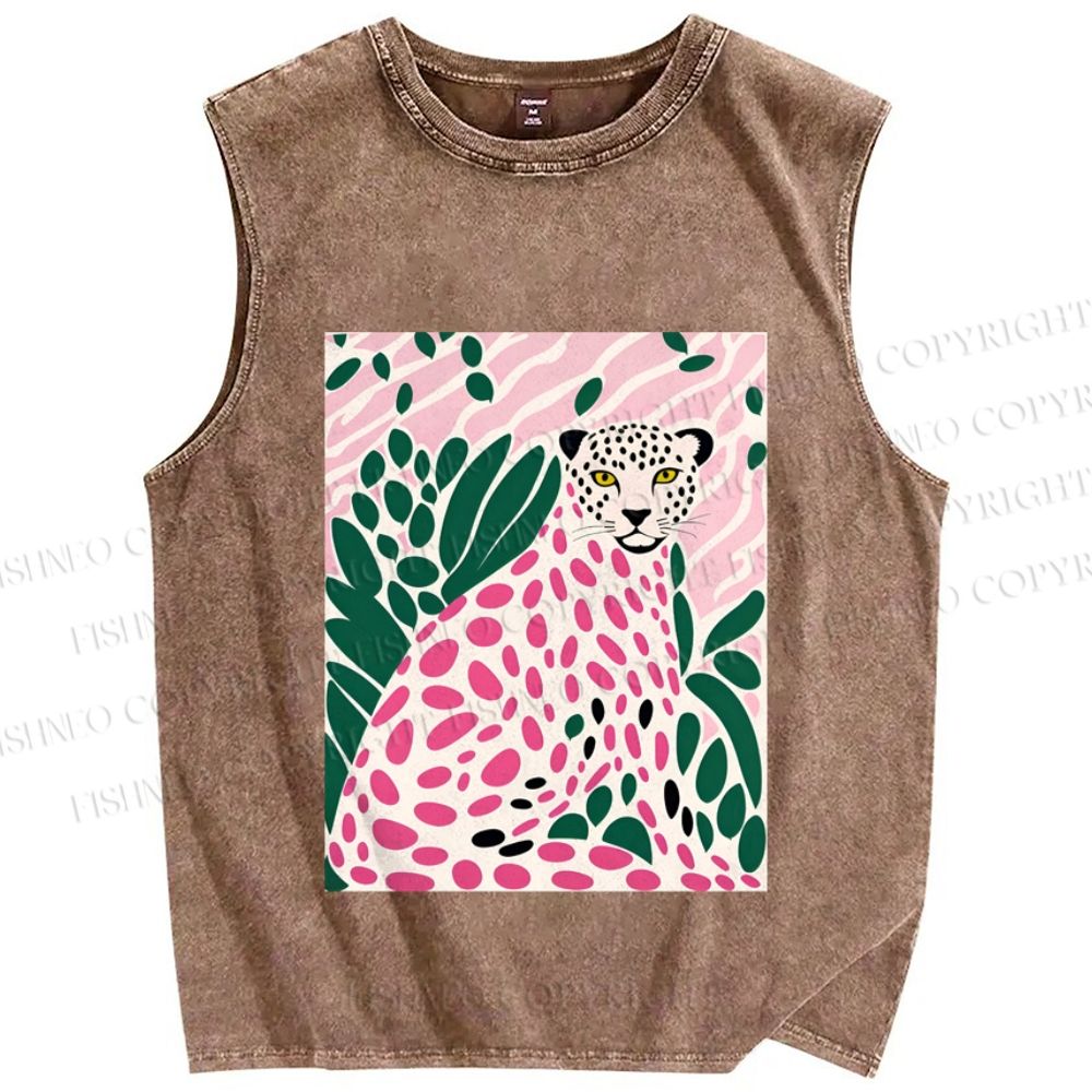Unisex Pink Leopard Art Printed Washed Tank Top