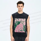 Unisex Pink Leopard Art Printed Washed Tank Top