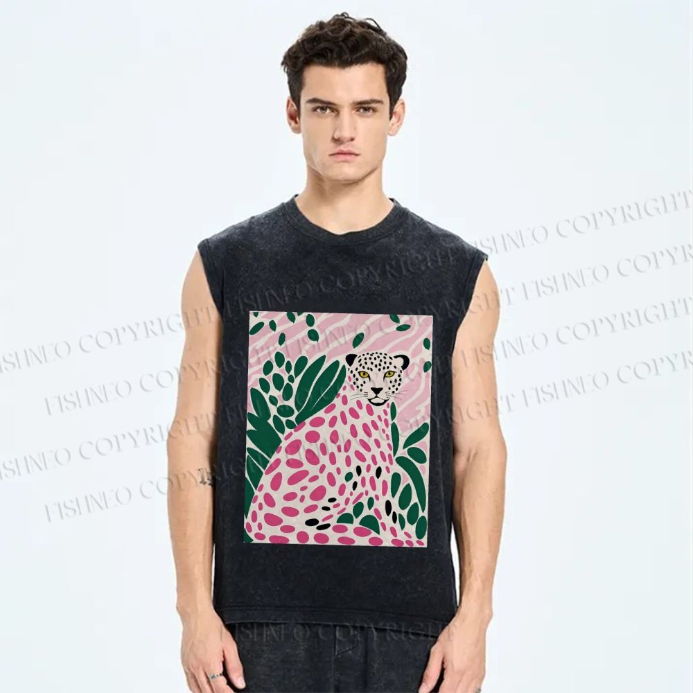 Unisex Pink Leopard Art Printed Washed Tank Top