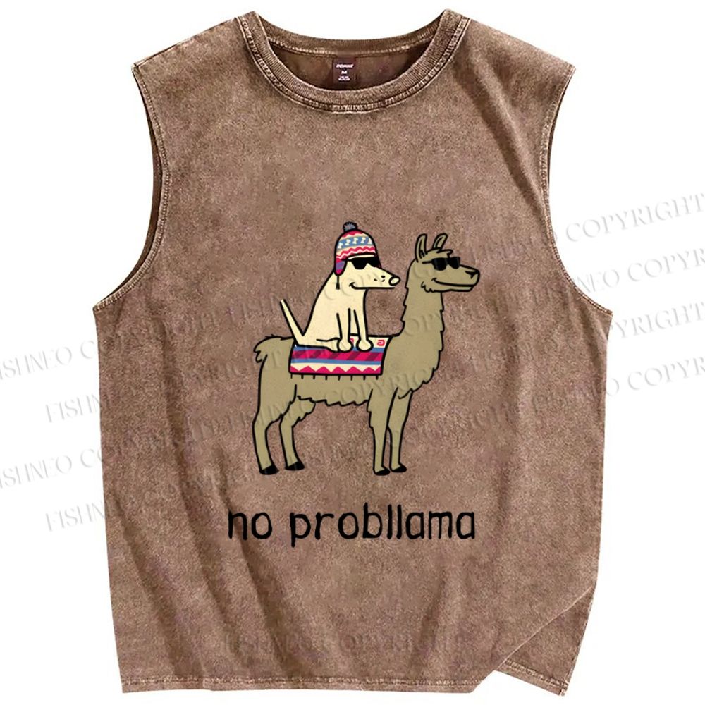 Unisex Silly Dog on Llama No Probllama Printed Washed Tank Top