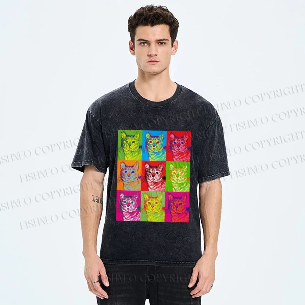 Unisex Pop Art Cats Printed Washed Tee