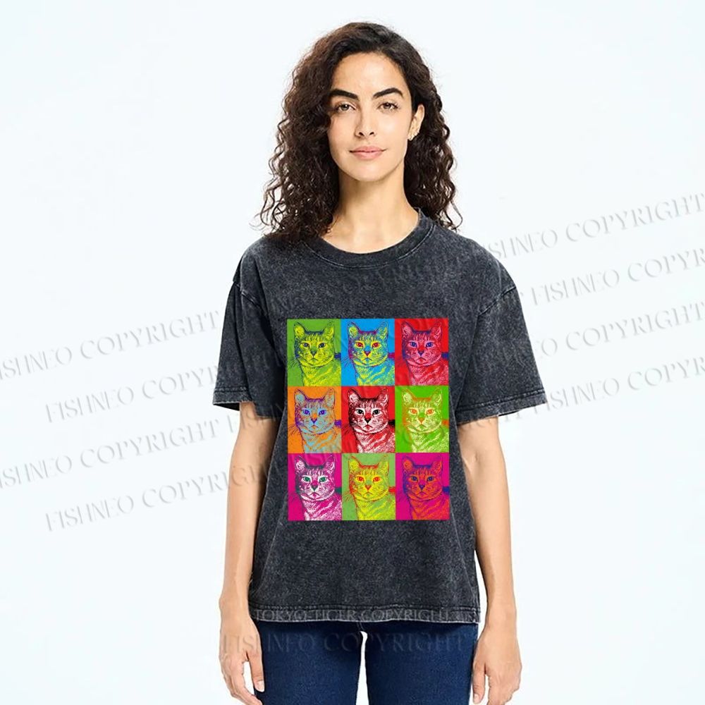 Unisex Pop Art Cats Printed Washed Tee