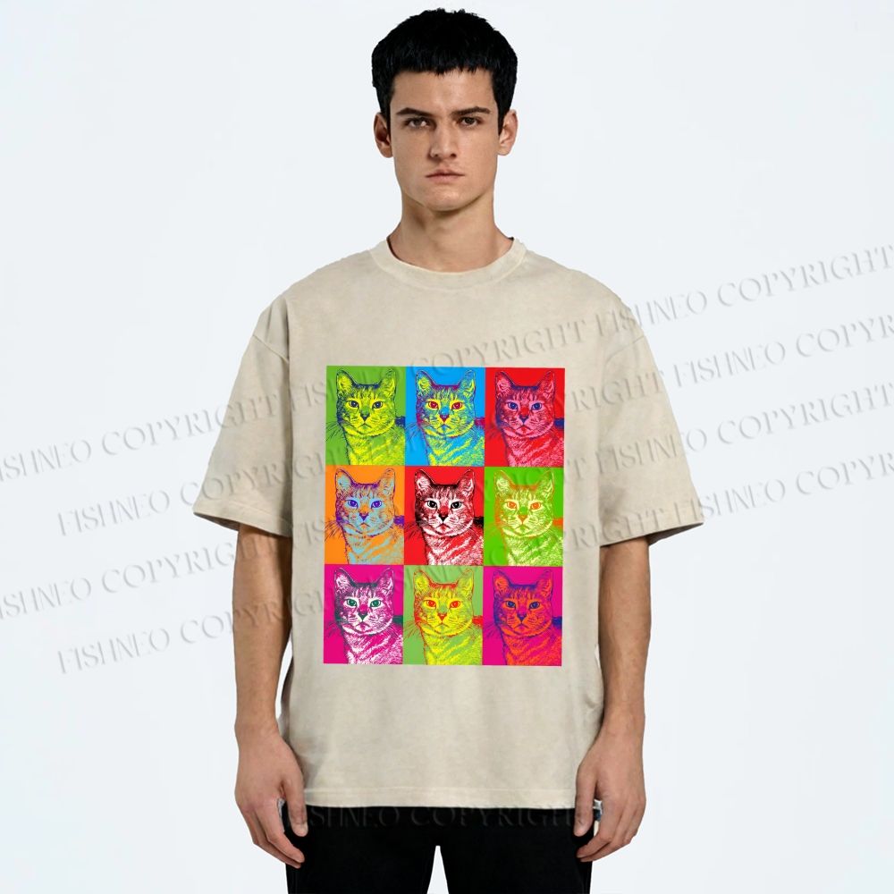 Unisex Pop Art Cats Printed Washed Tee