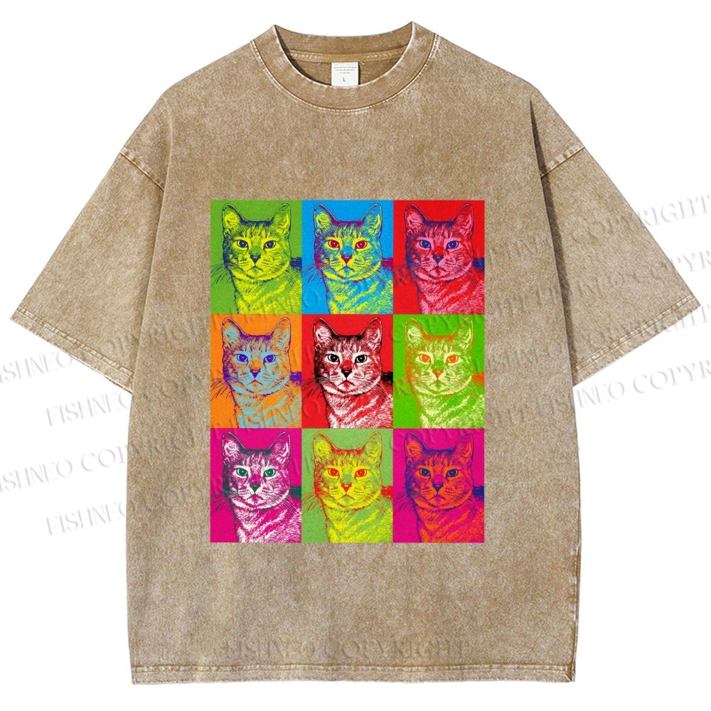 Unisex Pop Art Cats Printed Washed Tee
