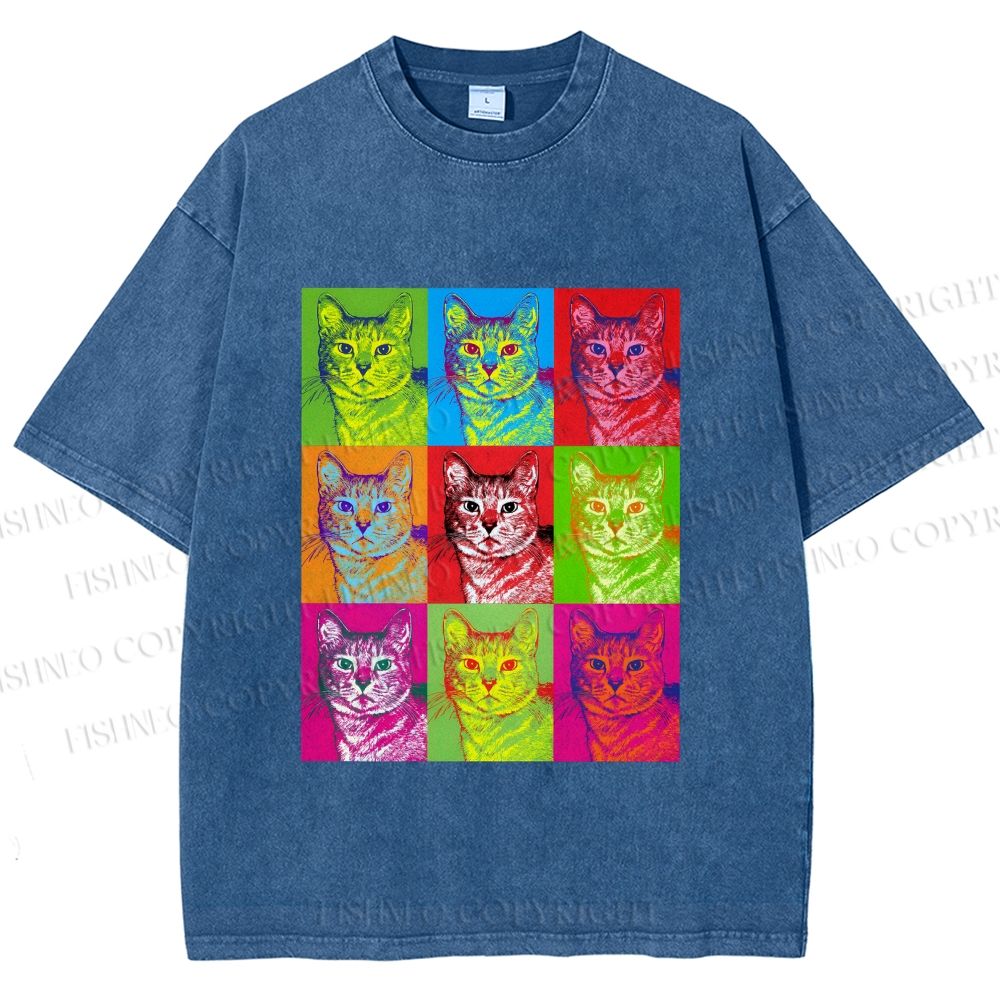 Unisex Pop Art Cats Printed Washed Tee