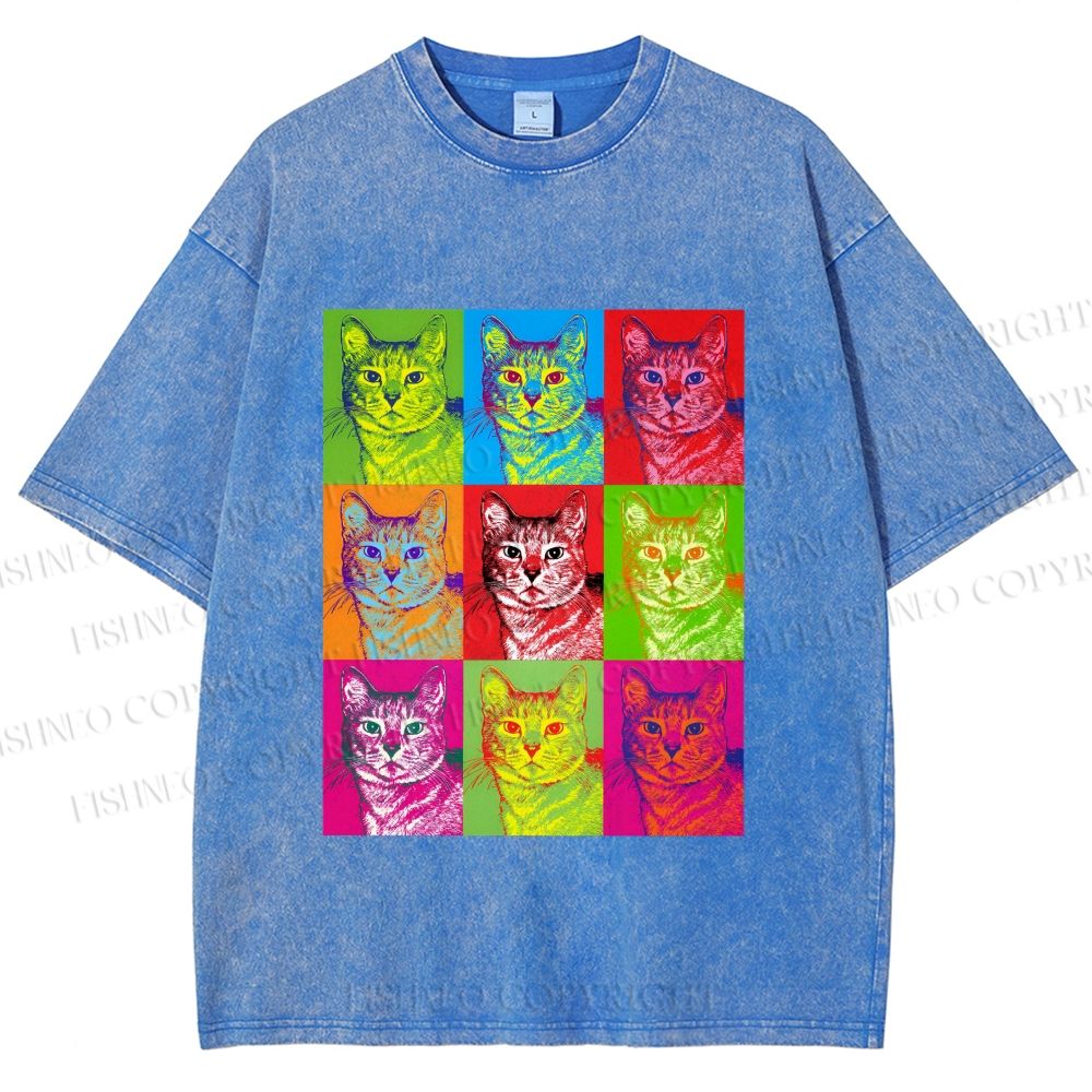 Unisex Pop Art Cats Printed Washed Tee