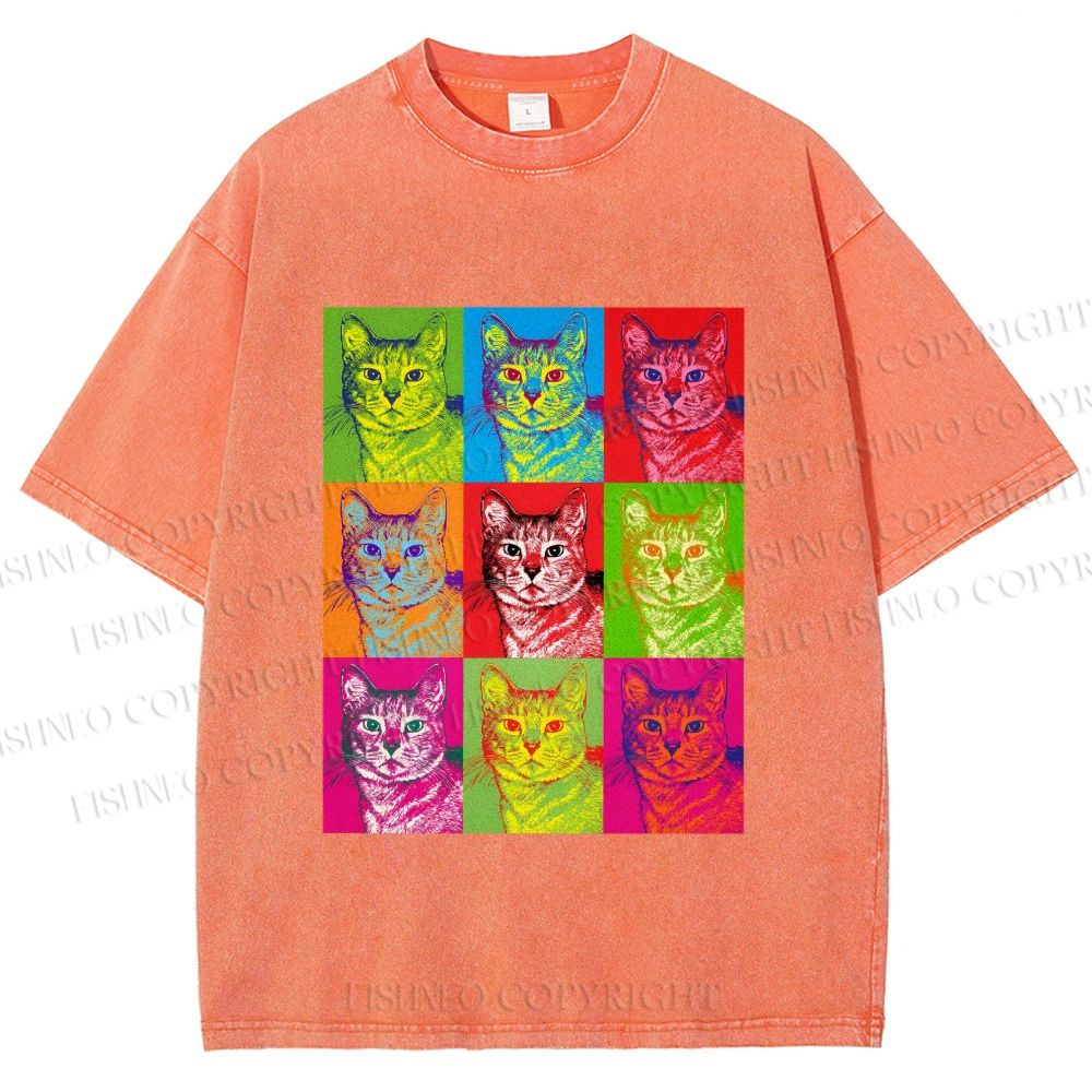 Unisex Pop Art Cats Printed Washed Tee