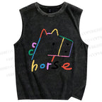 Unisex Colorful Simple Horse Printed Washed Tank Top