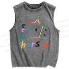 Unisex Colorful Simple Horse Printed Washed Tank Top