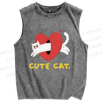 Unisex Cute Cat Printed Washed Tank Top