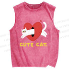 Unisex Cute Cat Printed Washed Tank Top