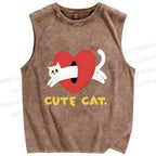 Unisex Cute Cat Printed Washed Tank Top