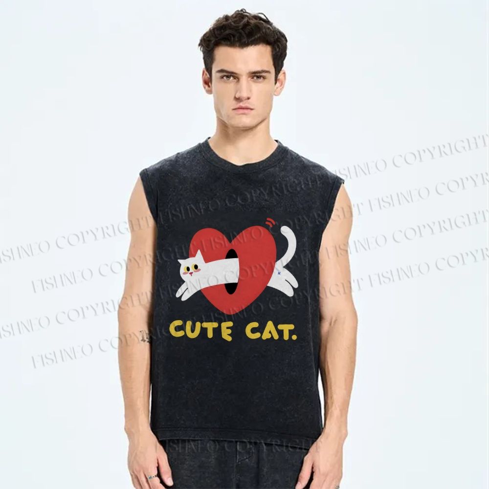 Unisex Cute Cat Printed Washed Tank Top