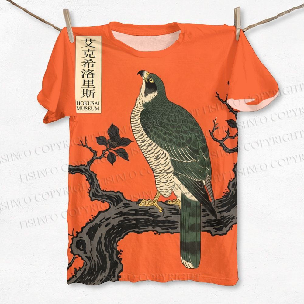 Unisex Japanese Ukiyo-e Bird Printed Classic T-shirt