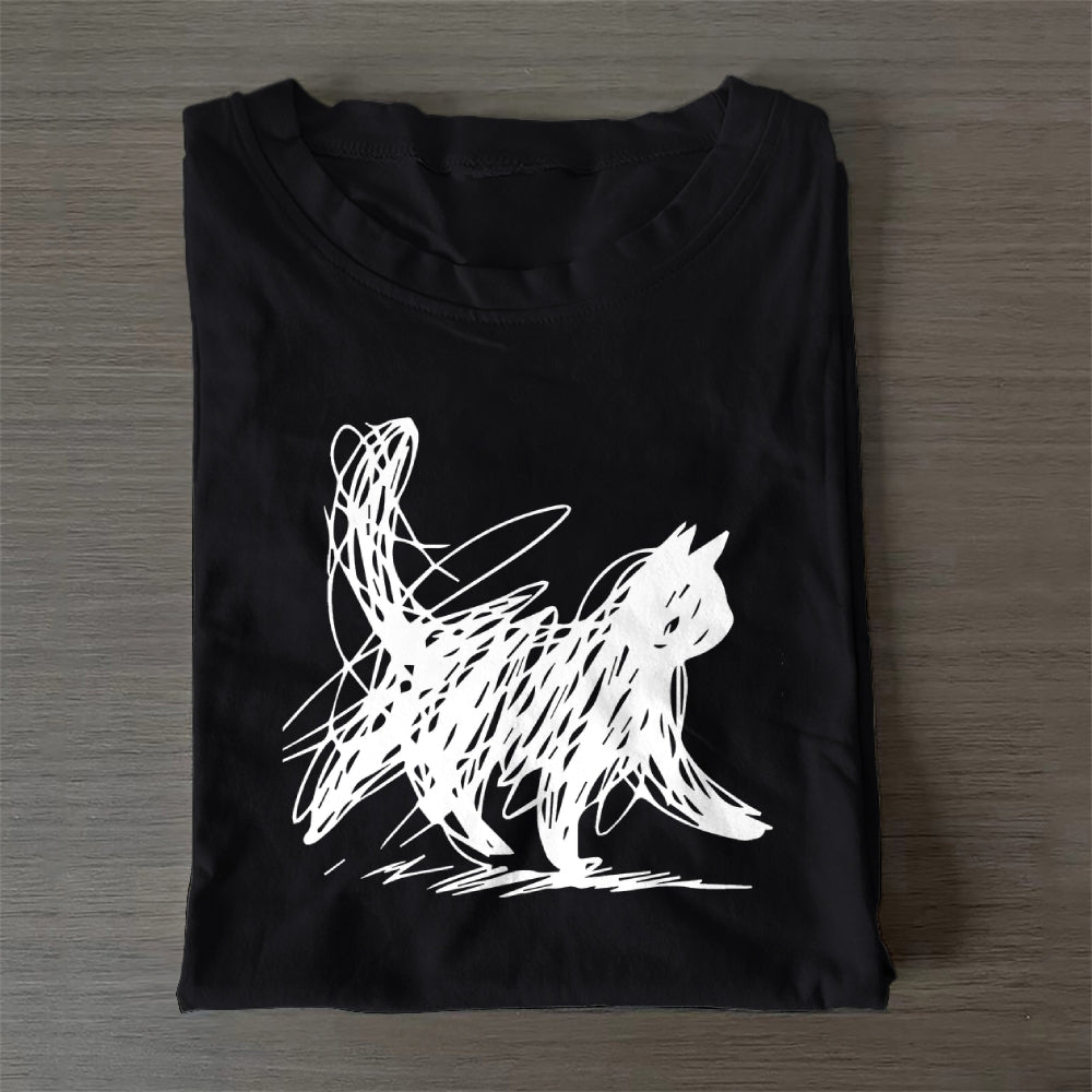 Unisex Classic Cotton Minimalist Cat Printed Folded T-shirt