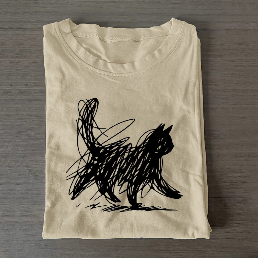 Unisex Classic Cotton Minimalist Cat Printed Folded T-shirt