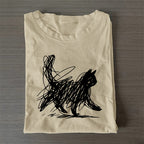 Unisex Classic Cotton Minimalist Cat Printed Folded T-shirt