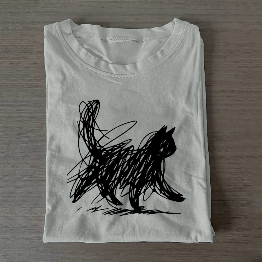 Unisex Classic Cotton Minimalist Cat Printed Folded T-shirt