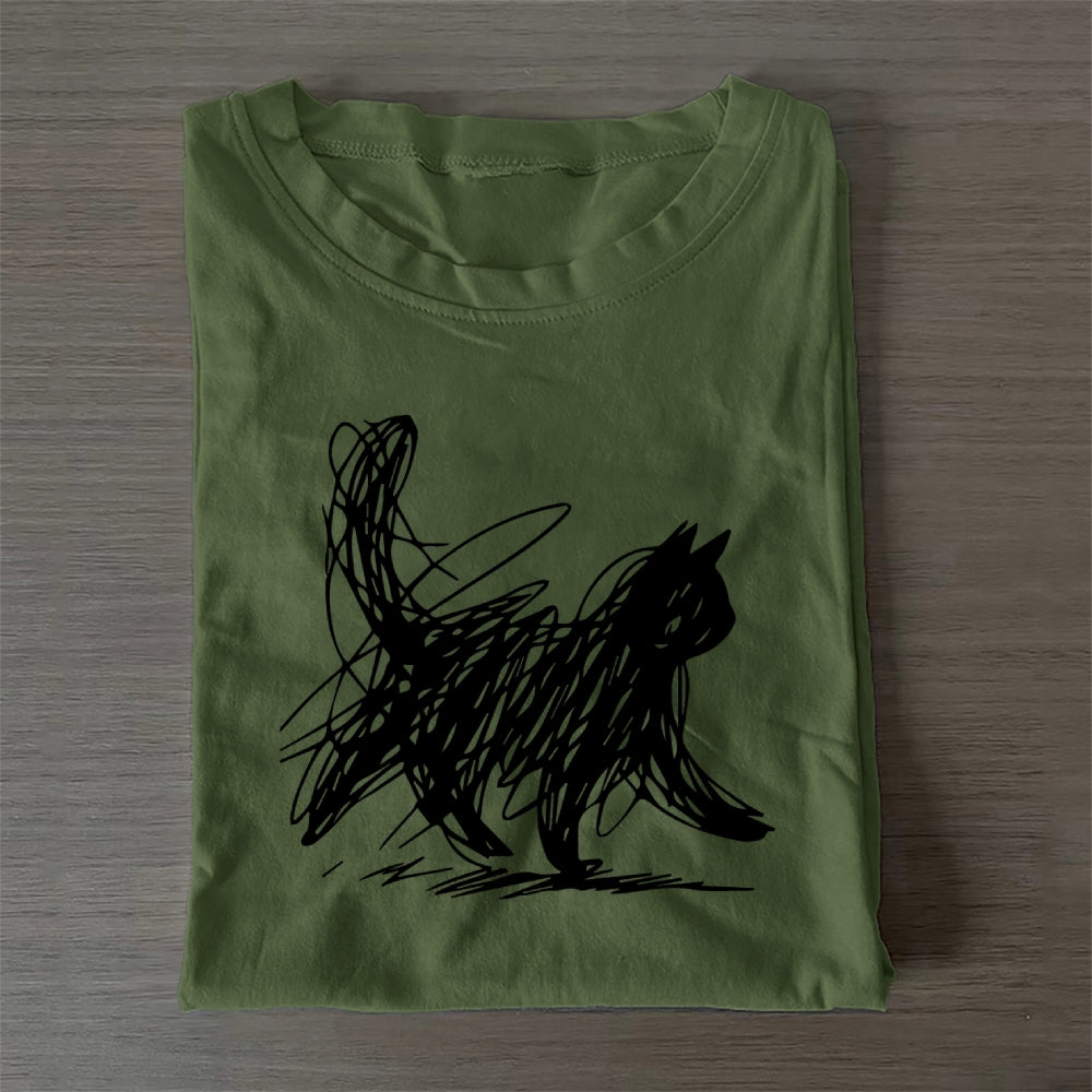 Unisex Classic Cotton Minimalist Cat Printed Folded T-shirt