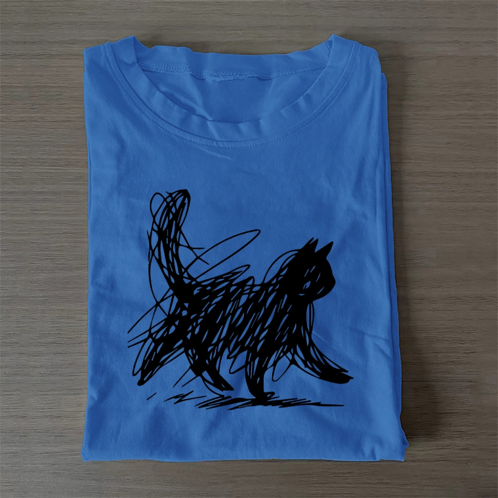 Unisex Classic Cotton Minimalist Cat Printed Folded T-shirt