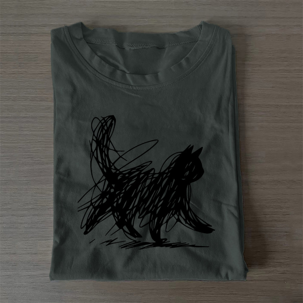 Unisex Classic Cotton Minimalist Cat Printed Folded T-shirt
