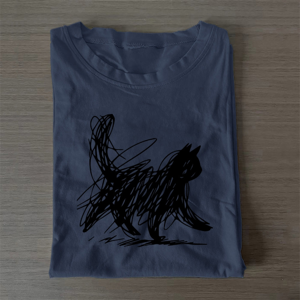 Unisex Classic Cotton Minimalist Cat Printed Folded T-shirt