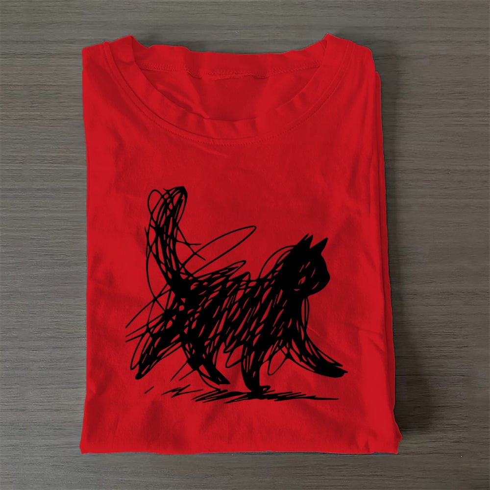 Unisex Classic Cotton Minimalist Cat Printed Folded T-shirt