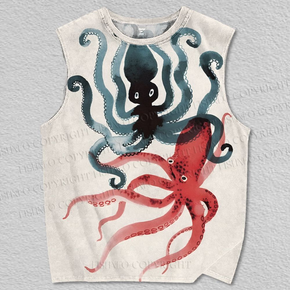 Unisex Two-Color Ink Octopus Printed Tank Top