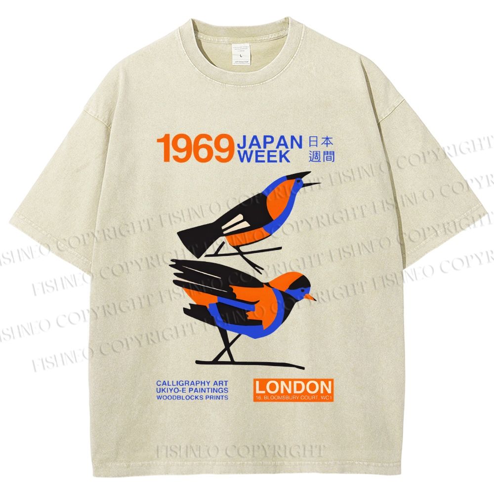 Unisex Japan Week Birds Printed Washed Tee