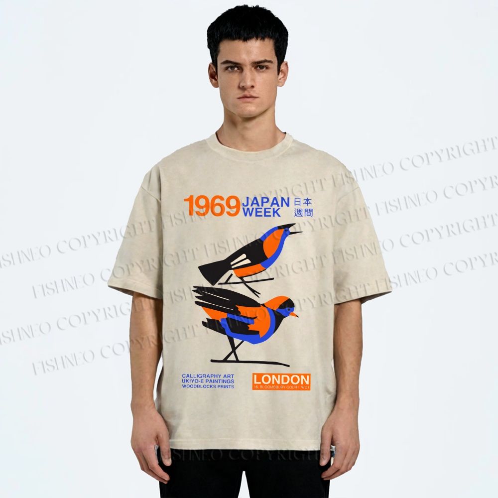Unisex Japan Week Birds Printed Washed Tee