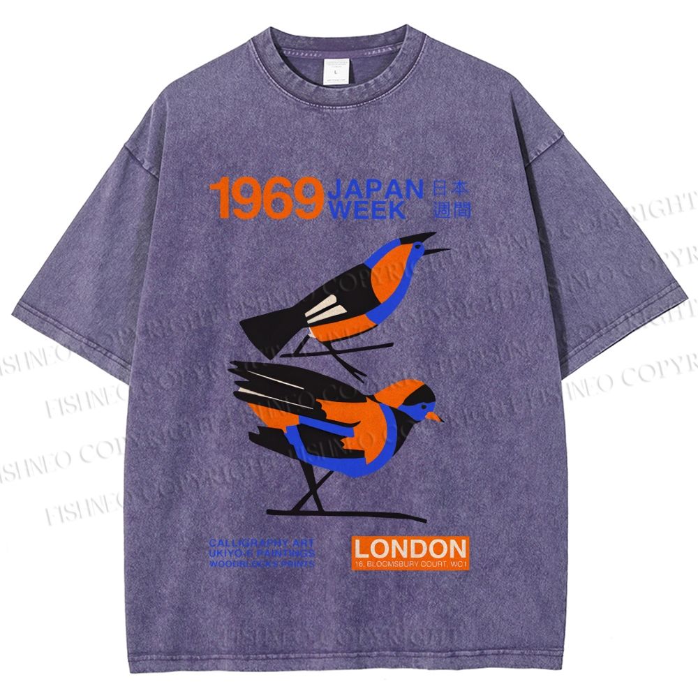 Unisex Japan Week Birds Printed Washed Tee