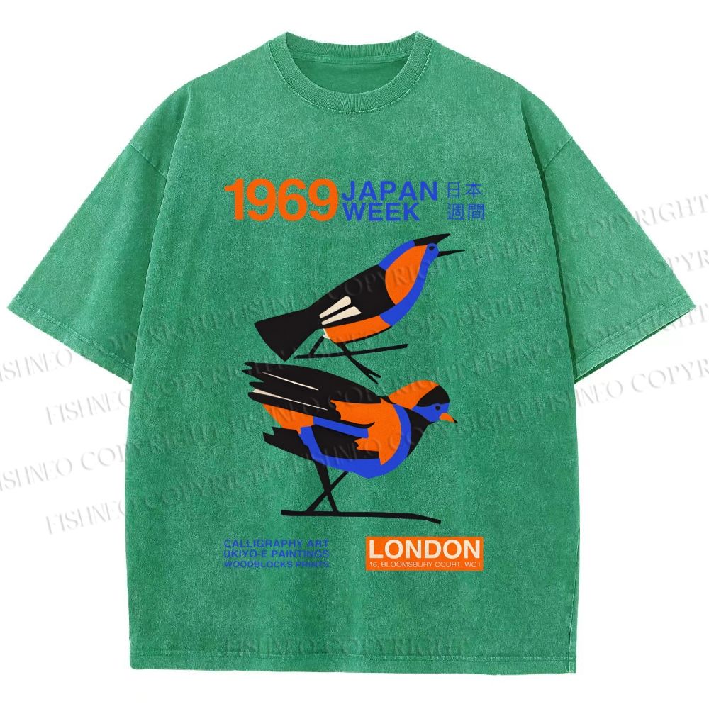Unisex Japan Week Birds Printed Washed Tee