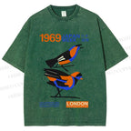 Unisex Japan Week Birds Printed Washed Tee