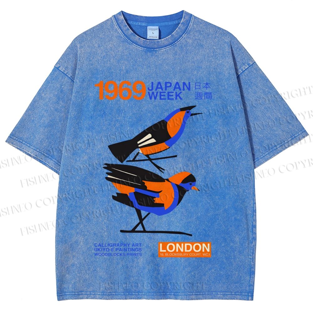 Unisex Japan Week Birds Printed Washed Tee