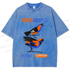 Unisex Japan Week Birds Printed Washed Tee