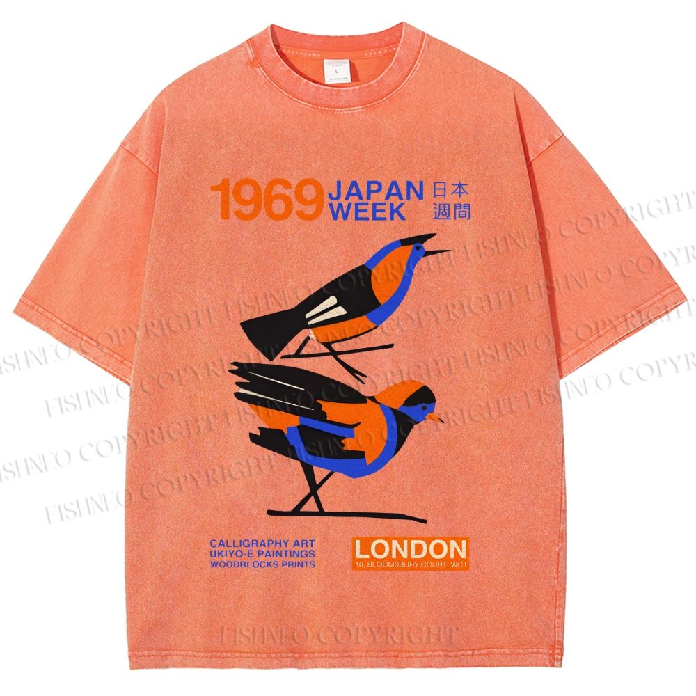 Unisex Japan Week Birds Printed Washed Tee