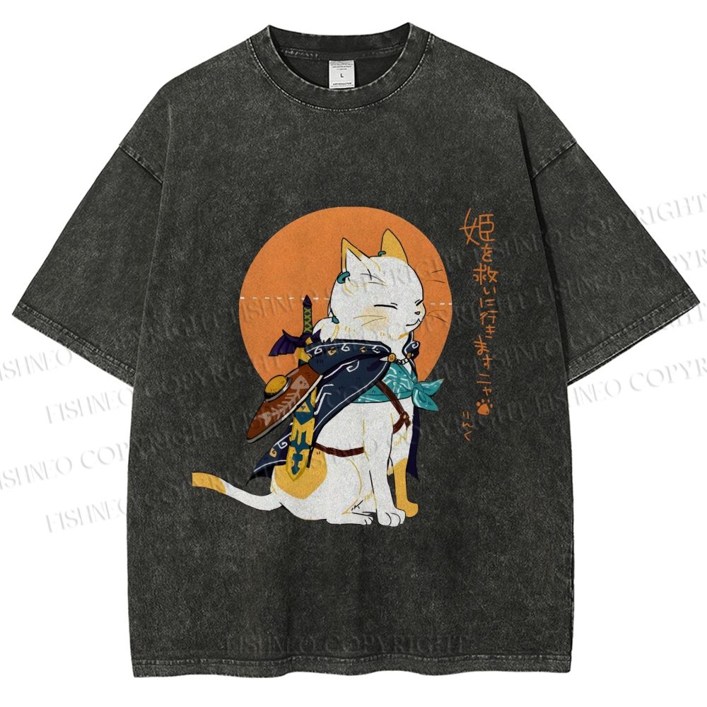 Unisex Zelda Cat Japanese Printed Washed Tee