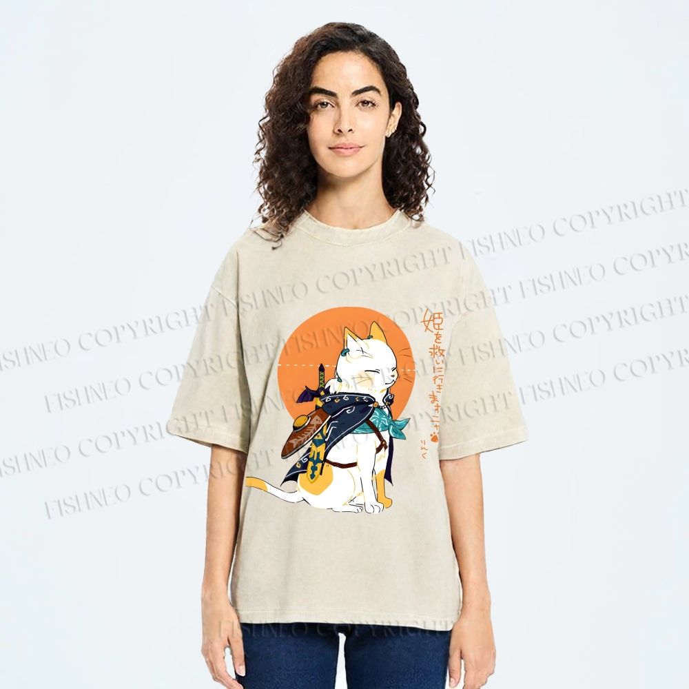 Unisex Zelda Cat Japanese Printed Washed Tee