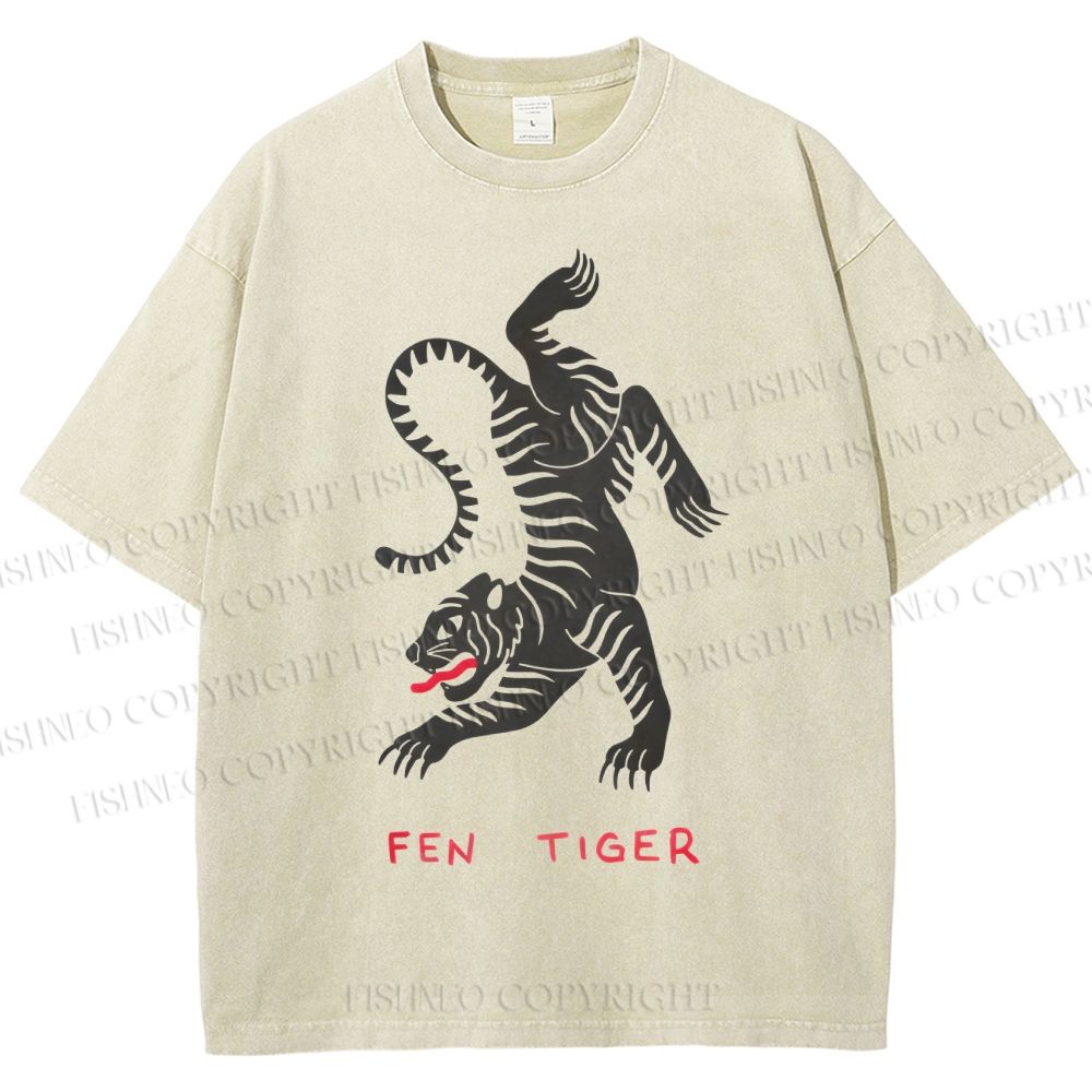 Unisex Fen Tiger Printed Washed Tee