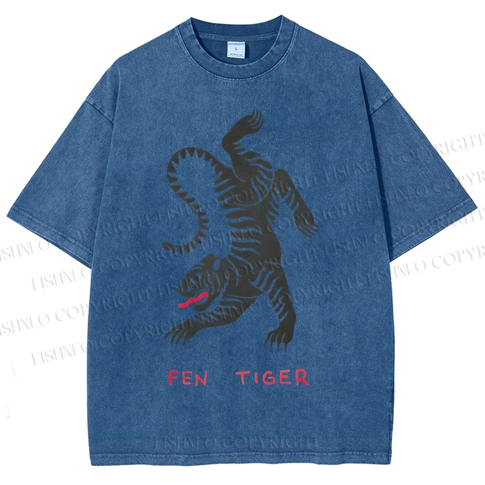 Unisex Fen Tiger Printed Washed Tee
