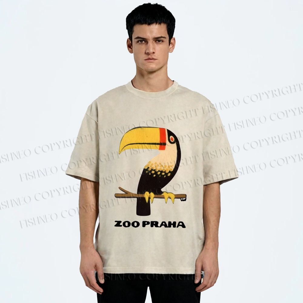 Unisex Zoo Praha Big Mouth Bird Vintage Printed Washed Tee