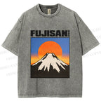 Unisex Japanese Mount Fuji Printed Washed Tee