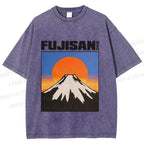 Unisex Japanese Mount Fuji Printed Washed Tee
