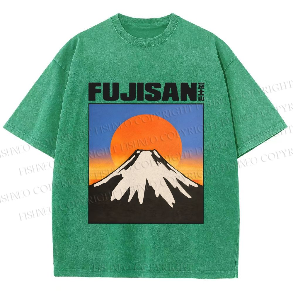 Unisex Japanese Mount Fuji Printed Washed Tee