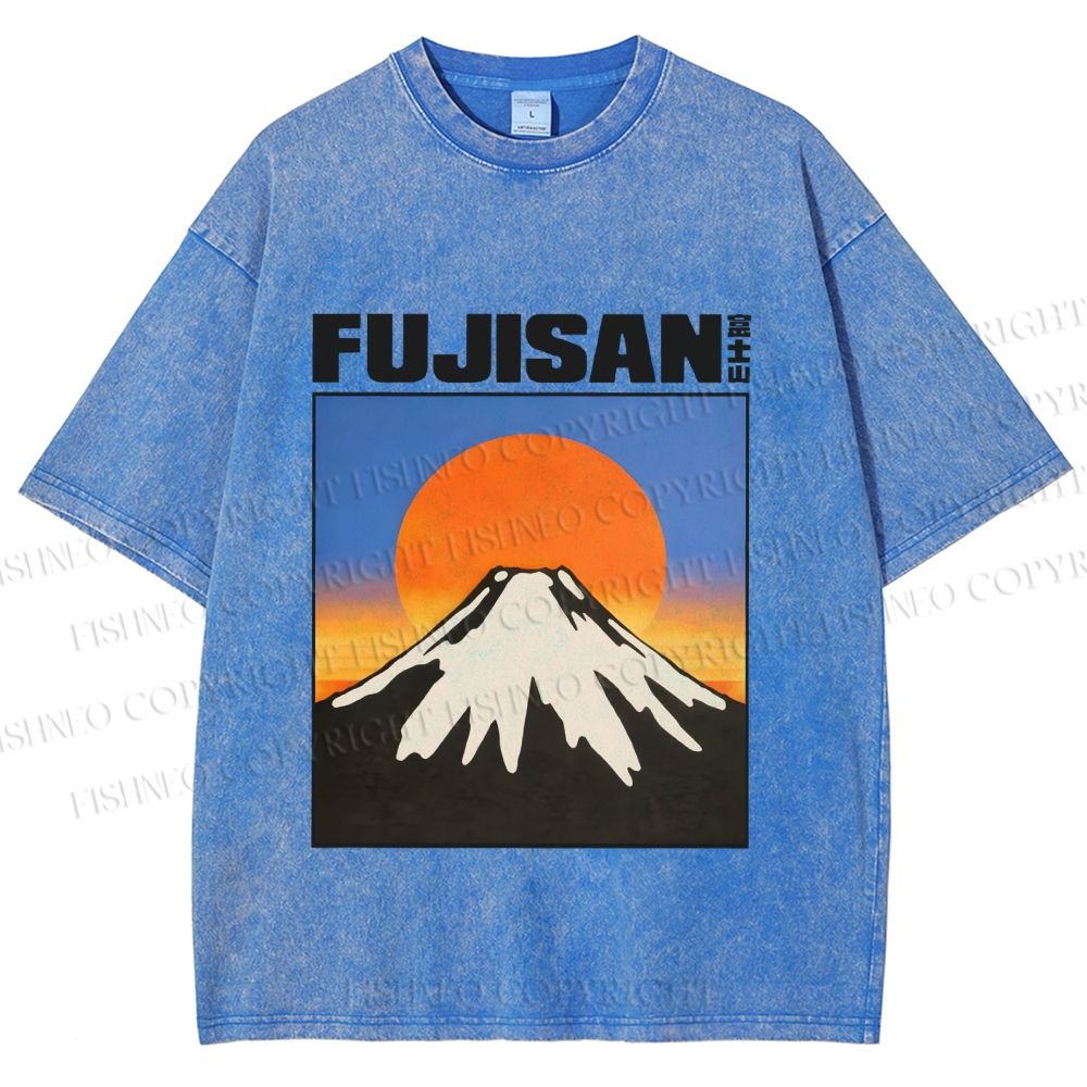 Unisex Japanese Mount Fuji Printed Washed Tee